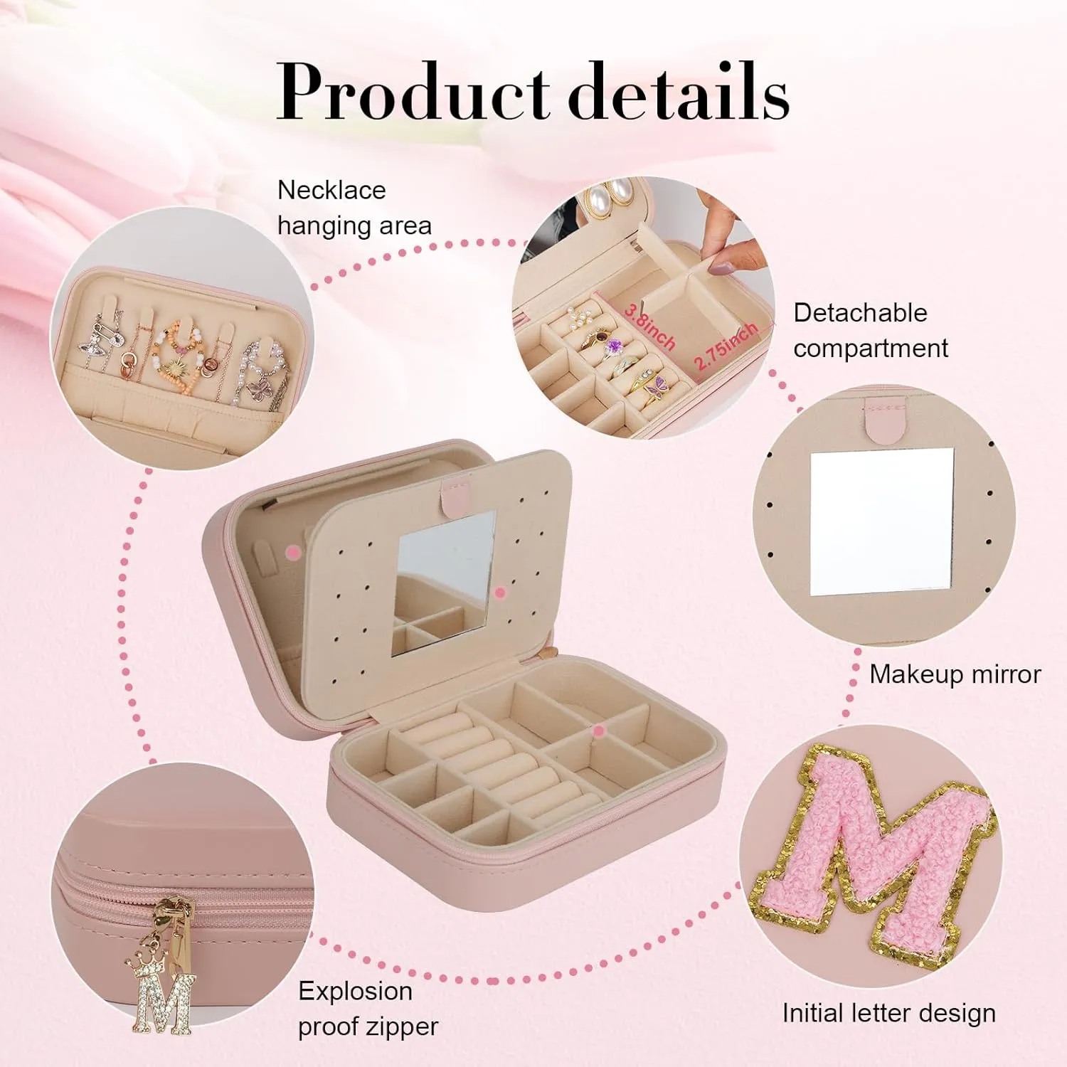 TopPerfekt Travel Jewelry Case, Jewelry Box with Mirror, Jewelry Organizer Bridal Shower Gifts to Her, Earring Storage Travel Case, Trendy Gift for Women and Girls, Girlfriend-Letter S, Pink