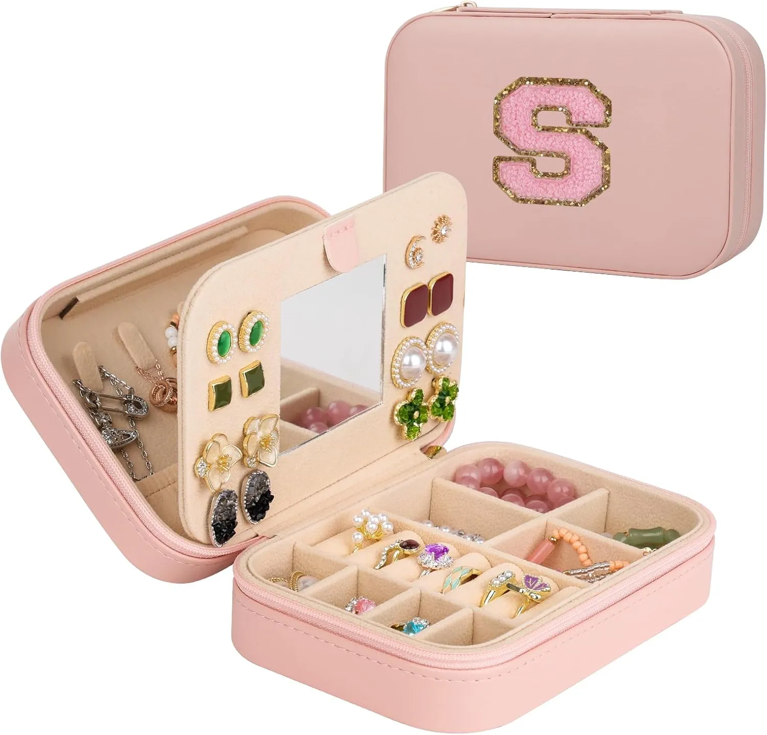TopPerfekt Travel Jewelry Case, Jewelry Box with Mirror, Jewelry Organizer Bridal Shower Gifts to Her, Earring Storage Travel Case, Trendy Gift for Women and Girls, Girlfriend-Letter S, Pink