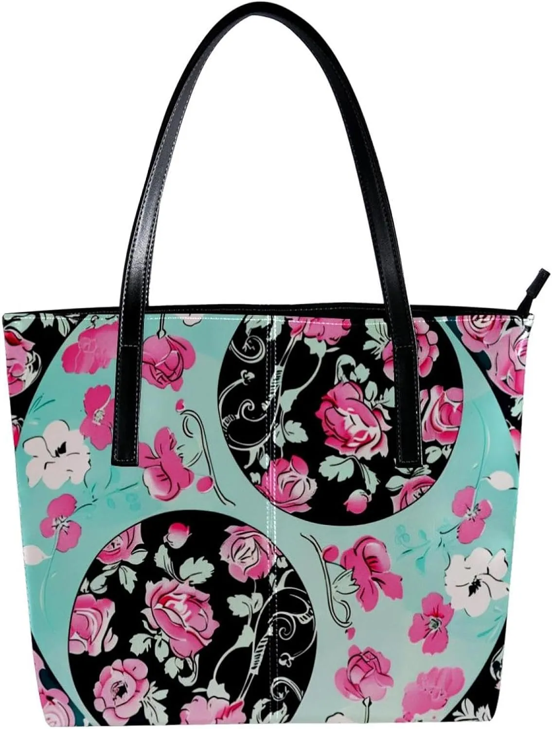 Tote Bag for Women, Large Tote Bag, Tote Bag with Zipper, Yin Yang Gossip Pink Rose Flower, Womens Tote Bag