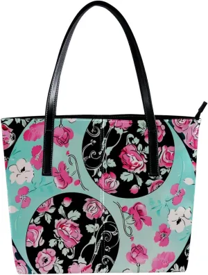Tote Bag for Women, Large Tote Bag, Tote Bag with Zipper, Yin Yang Gossip Pink Rose Flower, Womens Tote Bag