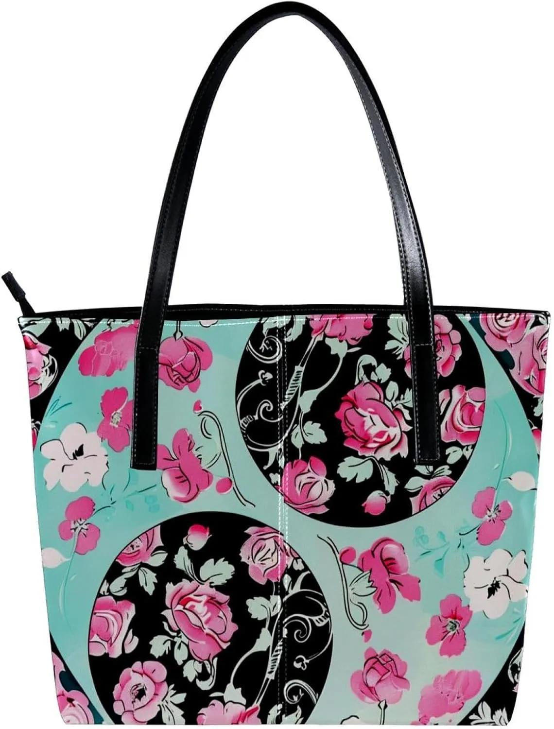 Tote Bag for Women, Large Tote Bag, Tote Bag with Zipper, Yin Yang Gossip Pink Rose Flower, Womens Tote Bag