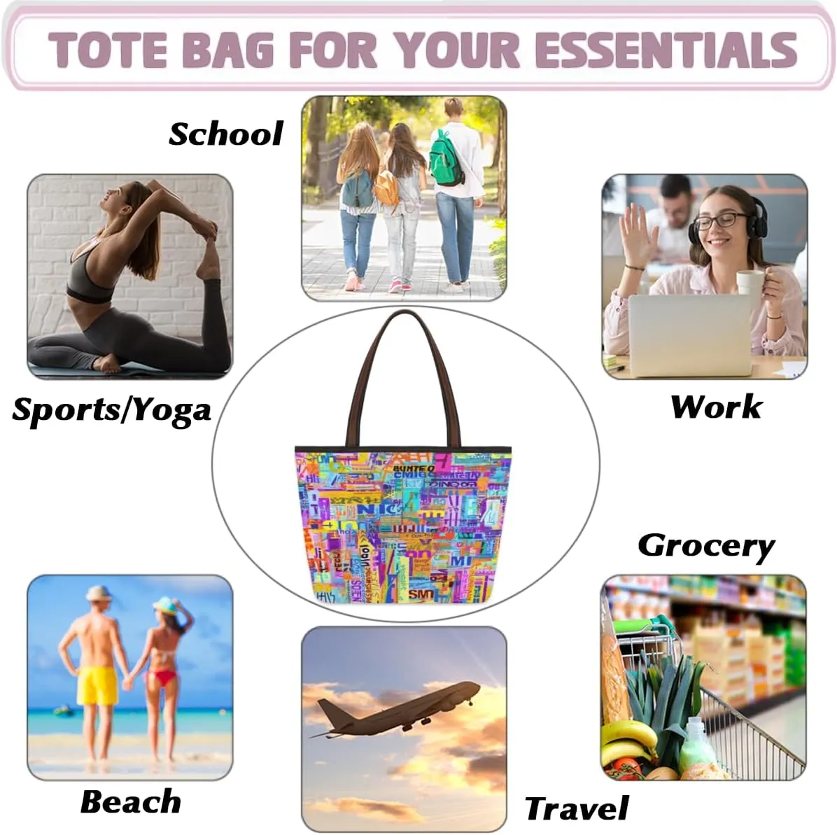 Tote Bag for Women with Zipper Large Capacity Top Handle Casual Shoulder Bag Handbag Reusable Shopping