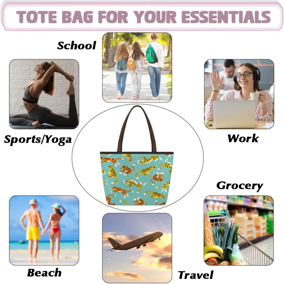 Tote Bag for Women with Zipper Large Capacity Top Handle Casual Shoulder Bag Handbag Reusable Shopping