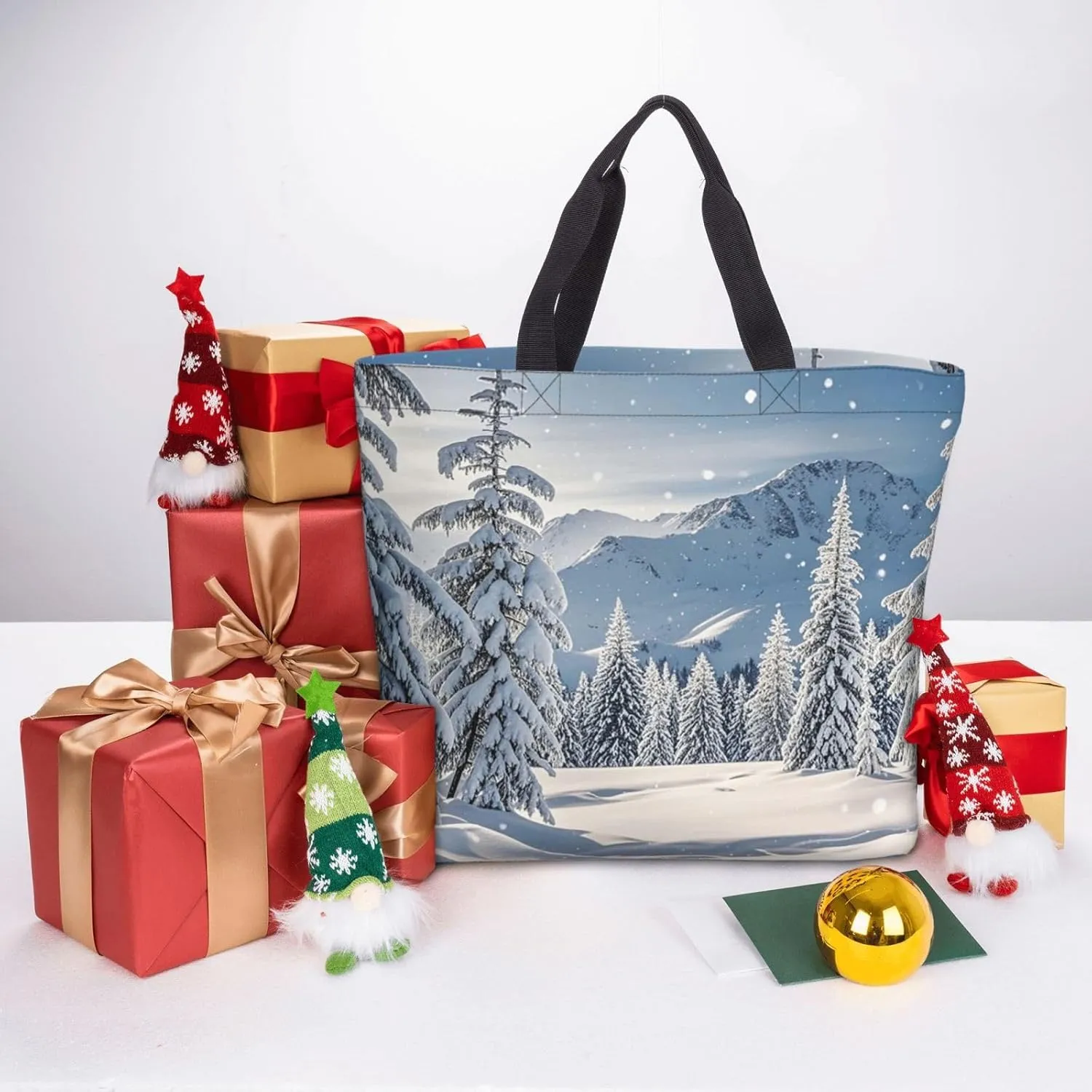 Tote Bag Large Capacity Grocery Bag With Zipper Xmas Tree Branch Bear Doll Shopping Bag Shoulder Bag for Women