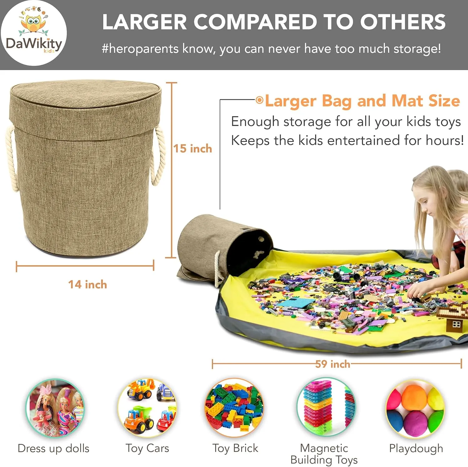 Toy Storage Basket and Play Mat - Building Bricks Toy Storage Organizer - Tidy with Ease - Toy Blocks Mat Storage Bag - Collapsible XL Kids Canvas Bag/Bin - Drawstring Playmat Boy/Girls-15"x14”(BEIGE)