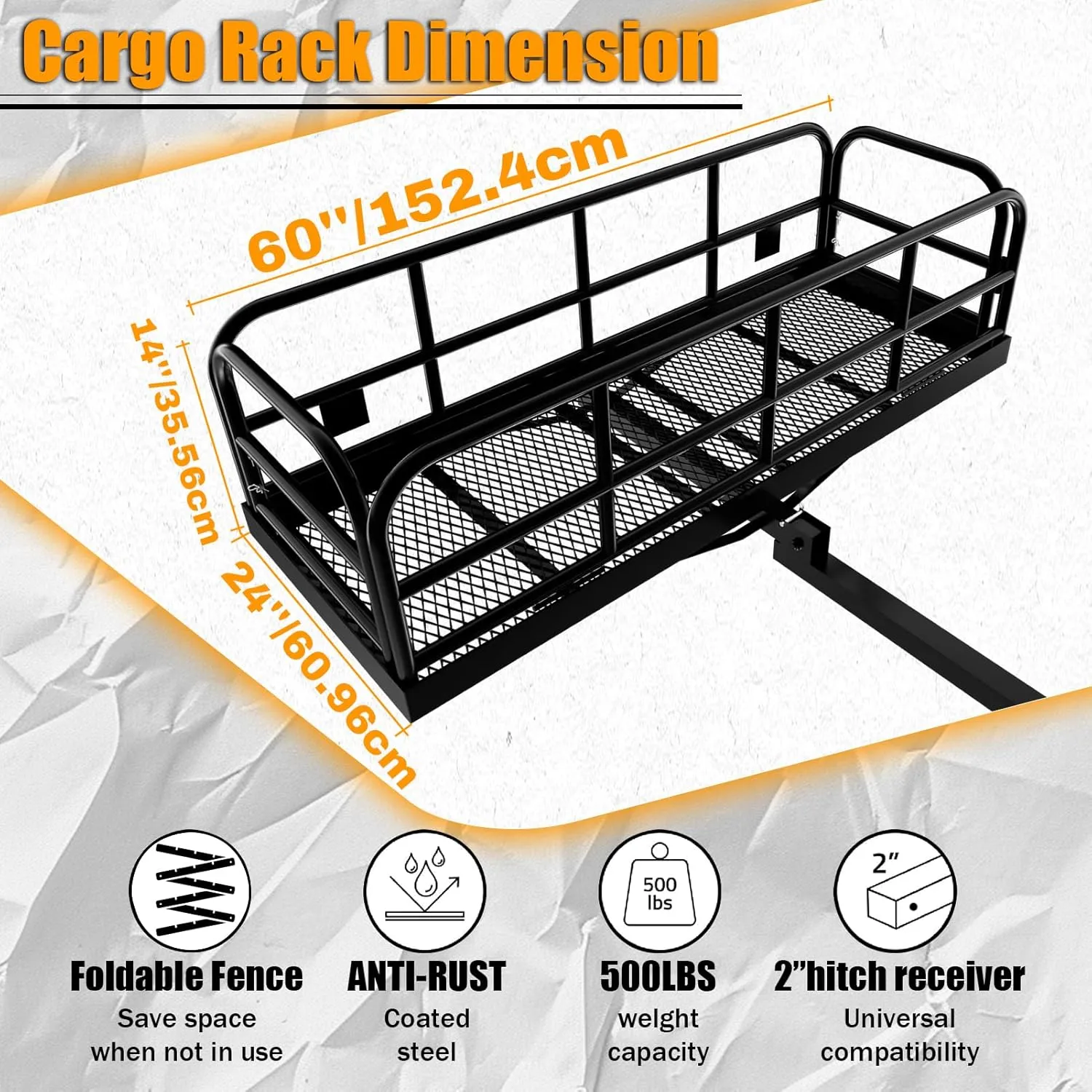 Trailer Hitch Cargo Carrier Rack 500 Lbs｜Heavy Duty Steel Cargo Rack｜60" X 24" X 14" Folding Trailer Luggage Carrier Fits 2" Hitch Receiver with Waterproof Bag,Stabilizer for Truck,SUV,RV