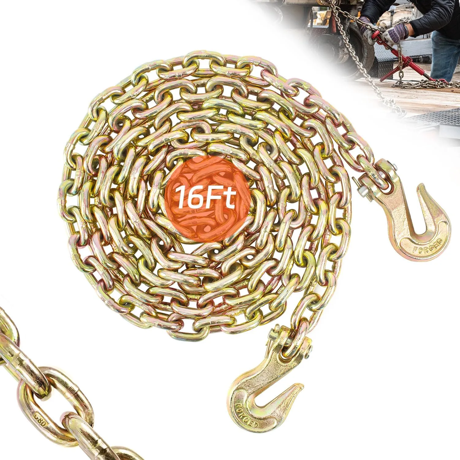 Transport Binder Chain 5/16" x 16 FT, Heavy Duty G80 Tow Chain with Clevis Grab Hooks, 4,900 lbs Working Load Limit, Ideal for Lifting, Logging, Towing, Tie-Down, and Load Binding Applications