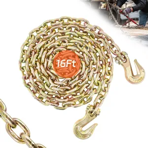 Transport Binder Chain 5/16" x 16 FT, Heavy Duty G80 Tow Chain with Clevis Grab Hooks, 4,900 lbs Working Load Limit, Ideal for Lifting, Logging, Towing, Tie-Down, and Load Binding Applications