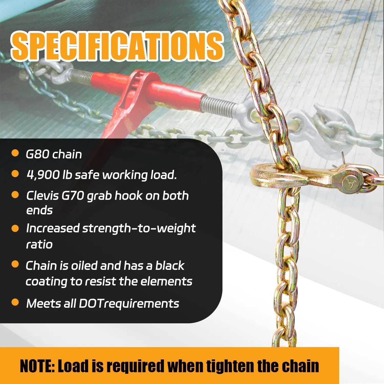 Transport Binder Chain 5/16" x 16 FT, Heavy Duty G80 Tow Chain with Clevis Grab Hooks, 4,900 lbs Working Load Limit, Ideal for Lifting, Logging, Towing, Tie-Down, and Load Binding Applications