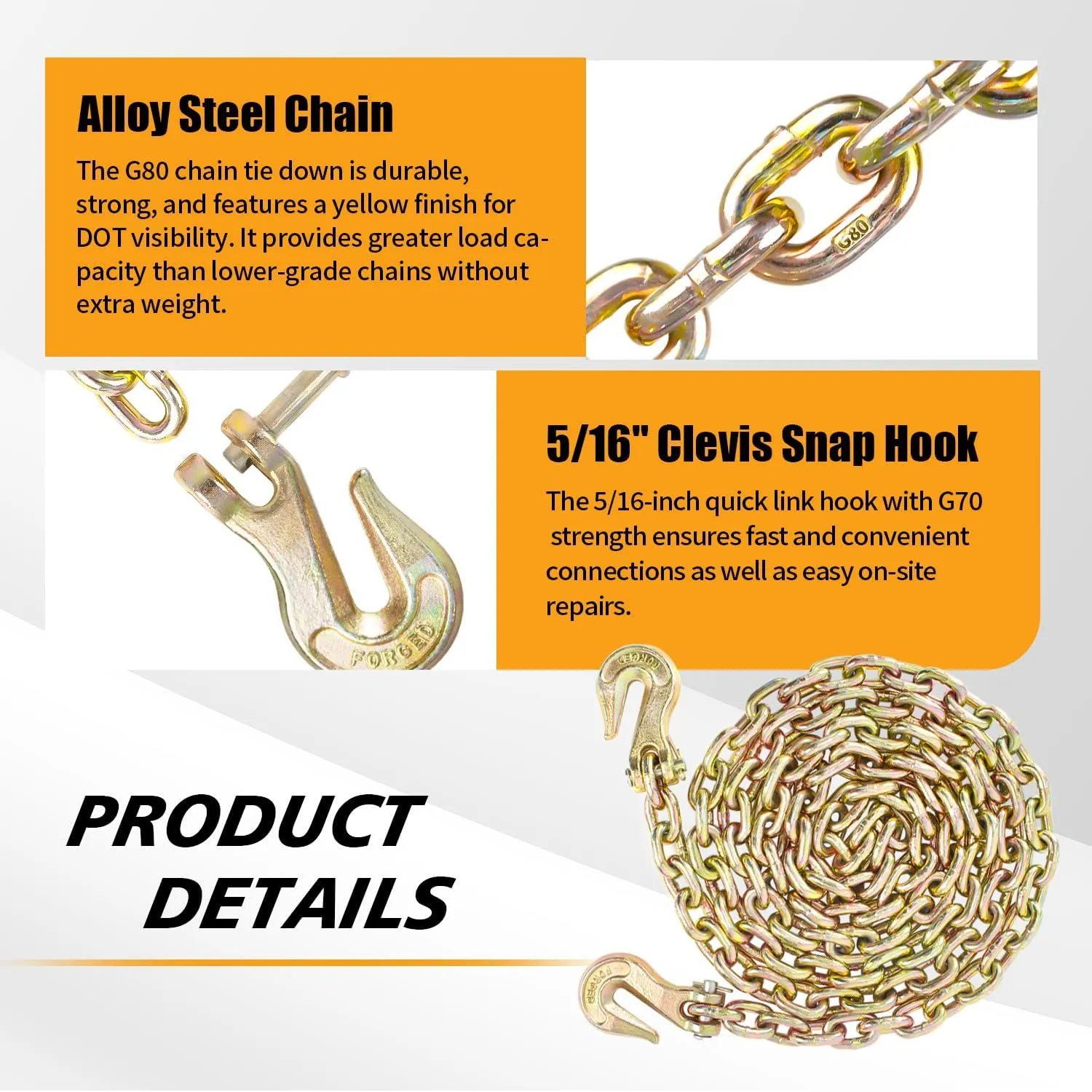 Transport Binder Chain 5/16" x 16 FT, Heavy Duty G80 Tow Chain with Clevis Grab Hooks, 4,900 lbs Working Load Limit, Ideal for Lifting, Logging, Towing, Tie-Down, and Load Binding Applications