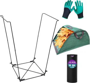 Trash Bag Holder Outdoor Leaf Bag Support Stand with 15 PCS 39 Gallon trash bags Leaf Collector | Metal Frame Holder for 30-45 Gallons Bags for Camping Leaves Gardening Parties