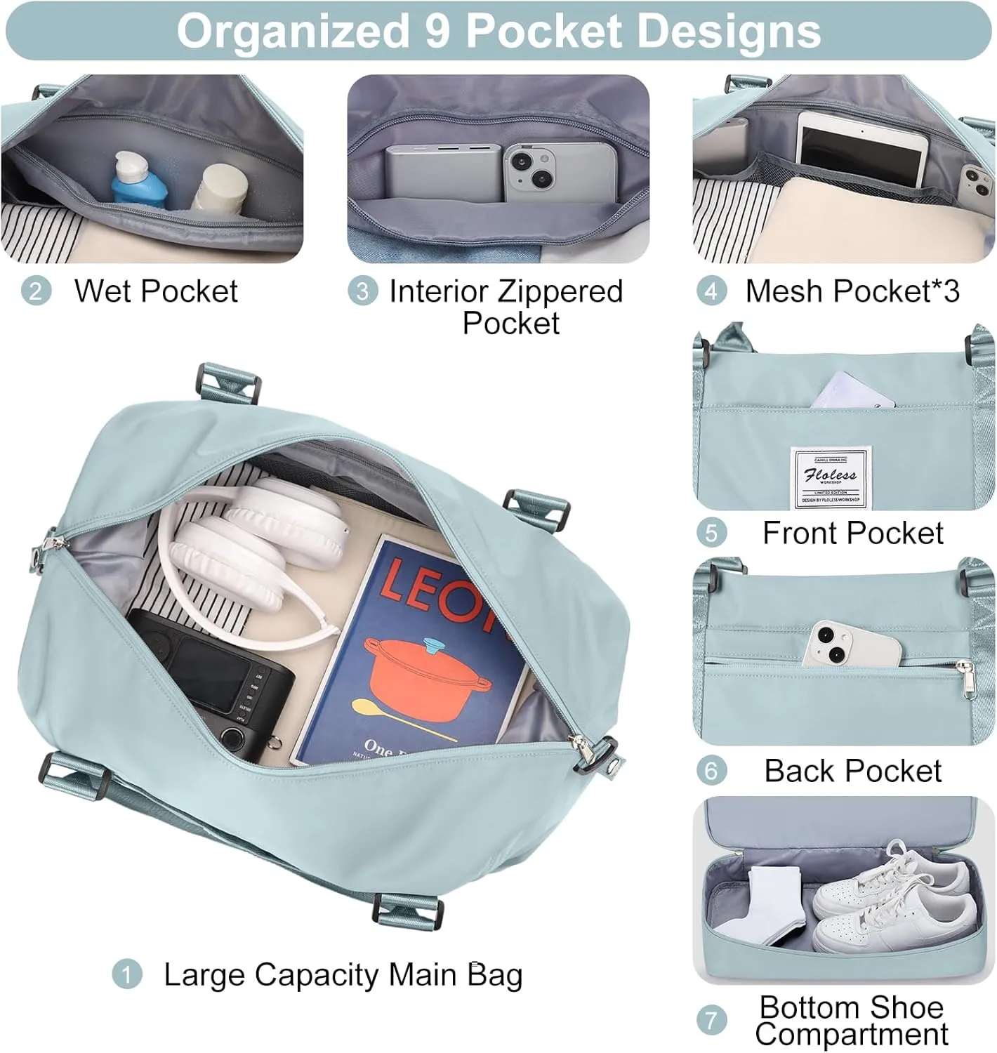 Travel Bag with Shoes Compartment,Weekender Bags for Women Travel,Carry On Duffel Overnight Bag with Trolley Sleeve & Wet Pocket,Travel tote Bag Sports Gym Bag