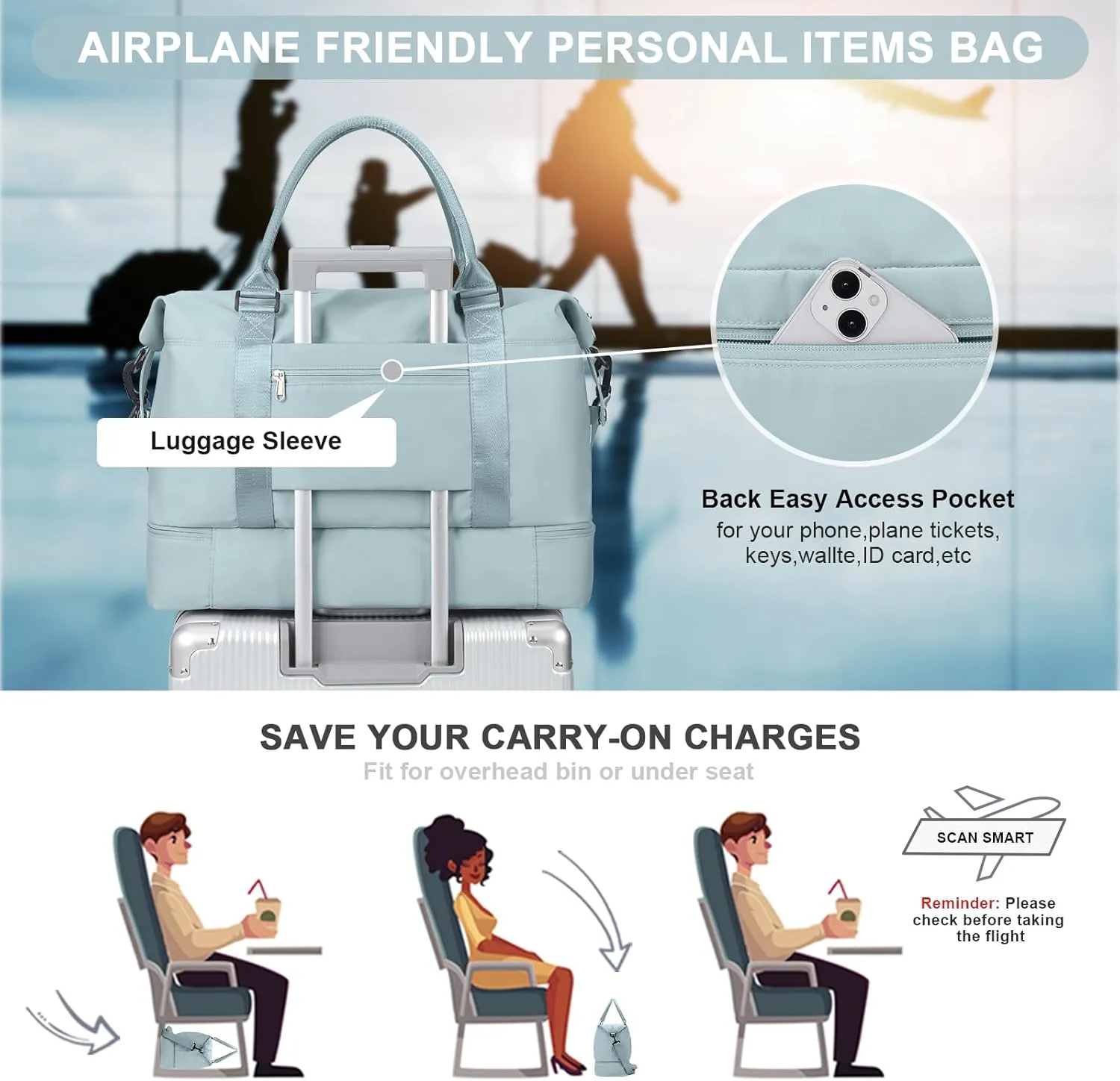 Travel Bag with Shoes Compartment,Weekender Bags for Women Travel,Carry On Duffel Overnight Bag with Trolley Sleeve & Wet Pocket,Travel tote Bag Sports Gym Bag