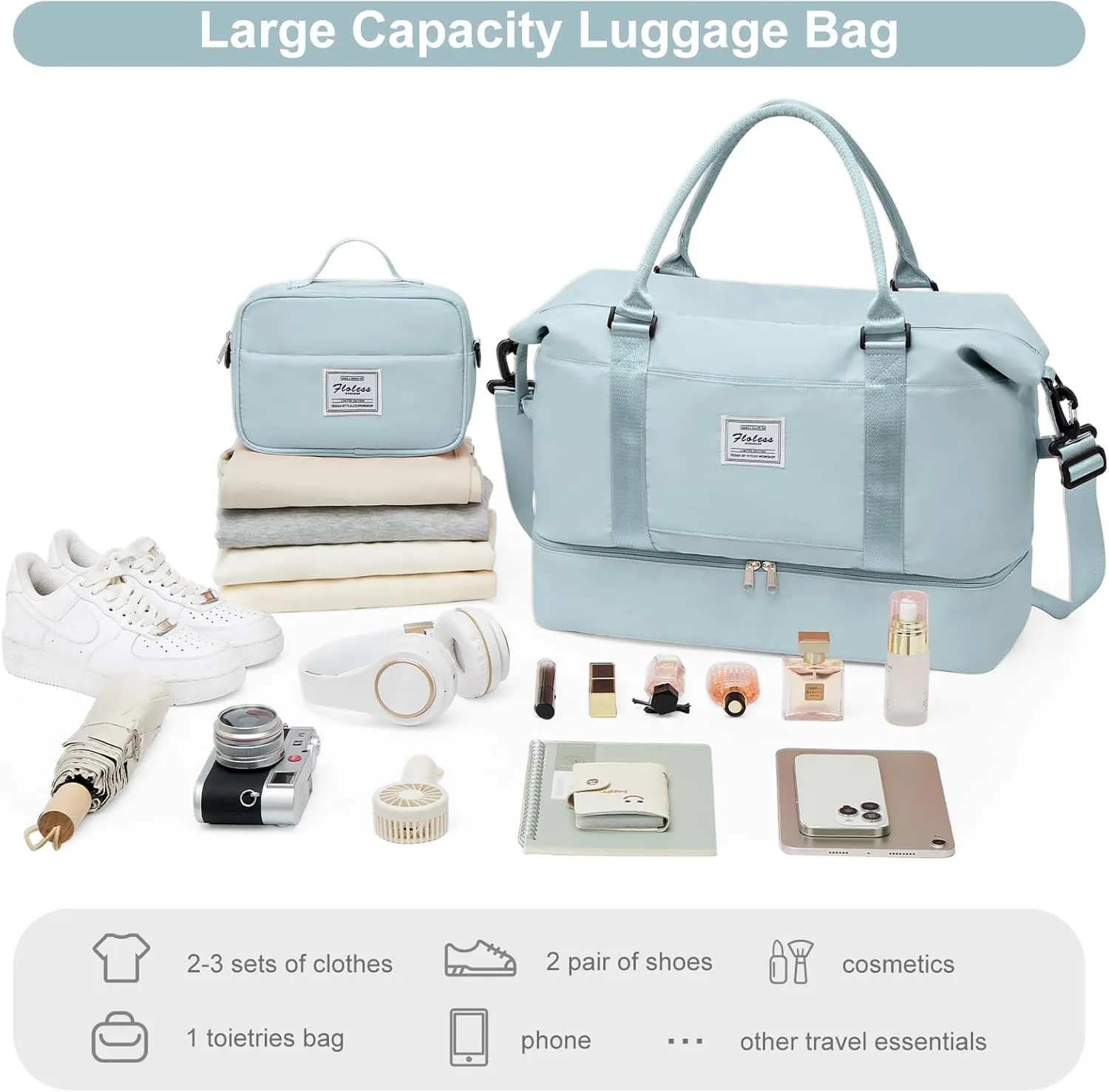 Travel Bag with Shoes Compartment,Weekender Bags for Women Travel,Carry On Duffel Overnight Bag with Trolley Sleeve & Wet Pocket,Travel tote Bag Sports Gym Bag