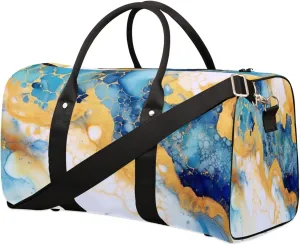Travel Duffel Bag, Alcohol Ink Marble Blue Sports Tote Gym Bag Foldable Weekender Bag Carry on Luggage Handle Bag Overnight Shoulder Bag for Women Men