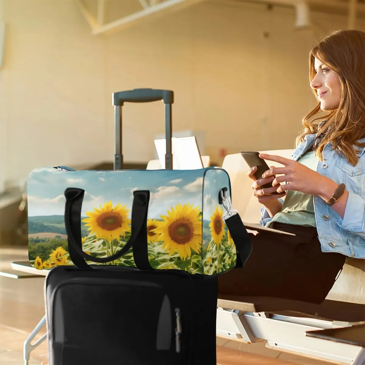 Travel Duffel Bag, Sunflower Flower Floral Sports Tote Gym Bag Foldable Western Aztec Weekender Bag Carry on Luggage Handle Bag Overnight Shoulder Bag for Women Men,A-728