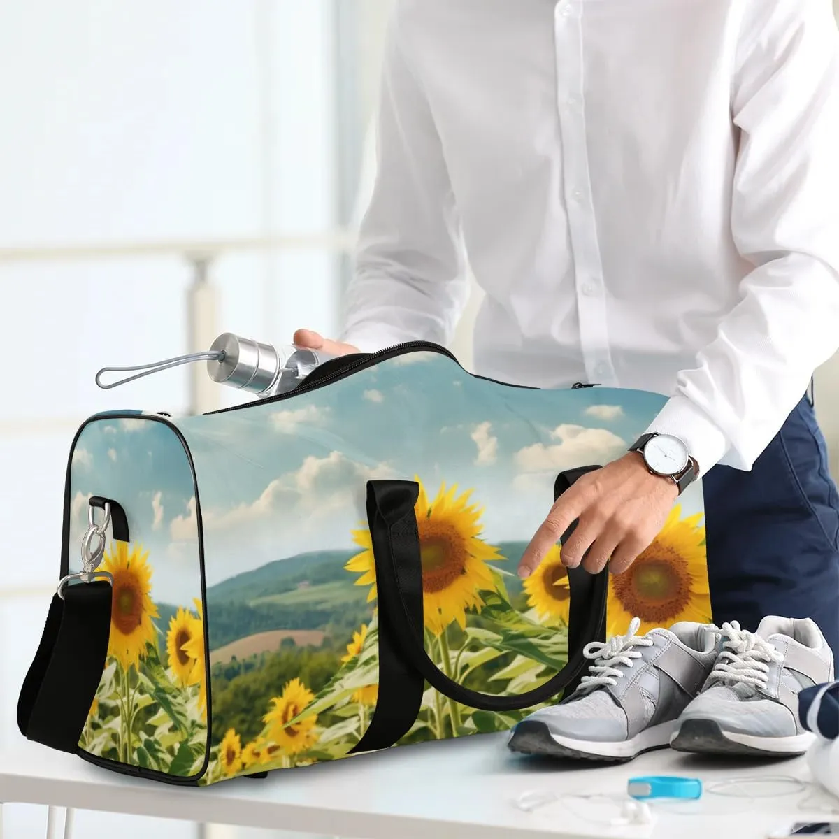 Travel Duffel Bag, Sunflower Flower Floral Sports Tote Gym Bag Foldable Western Aztec Weekender Bag Carry on Luggage Handle Bag Overnight Shoulder Bag for Women Men,A-728