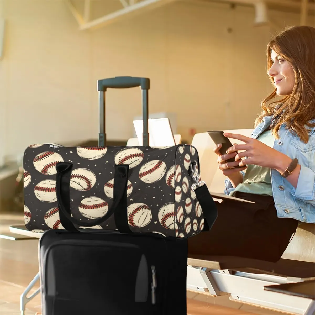 Travel Duffle Bag Baseballs Prints Gym Bags for Men Women Travel Duffel Bags with Adjustable Shoulder Strap Carry On Weekender Bag