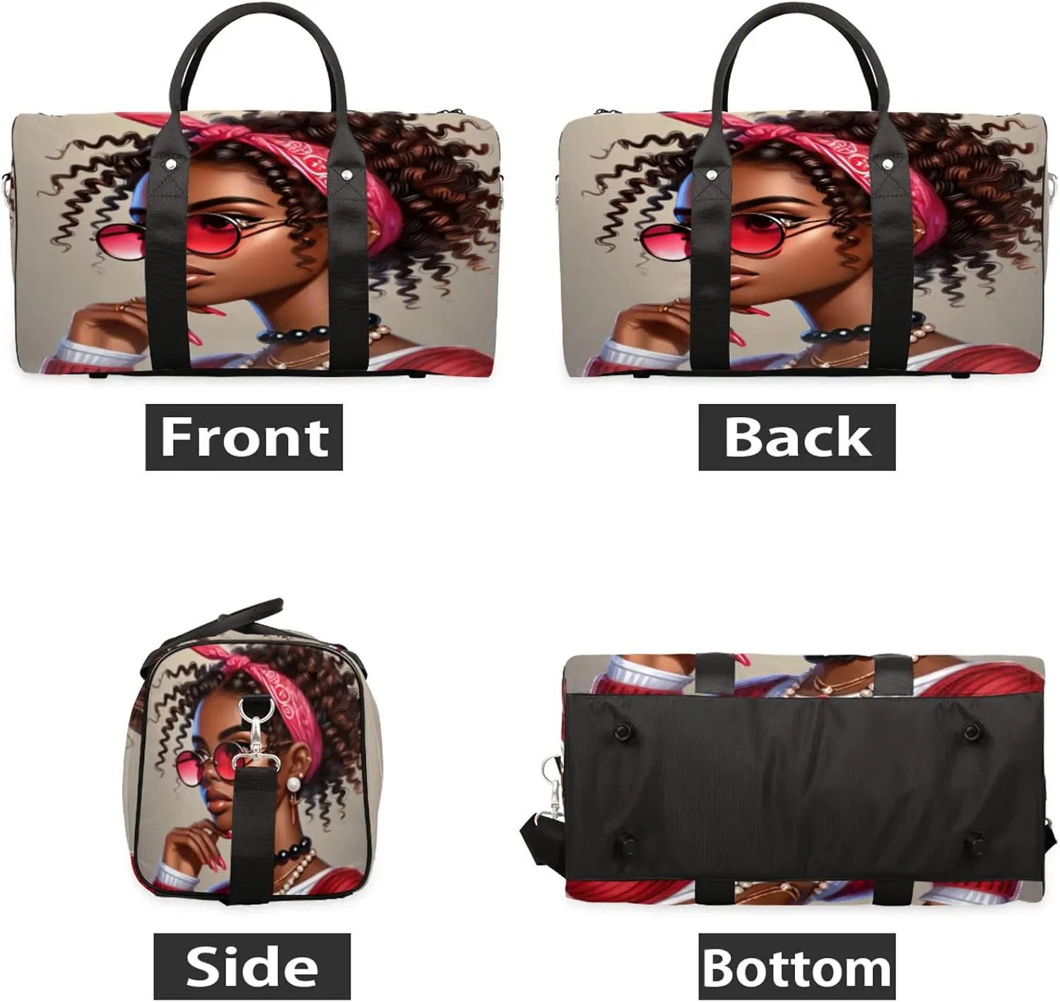 Travel Duffle Bag Black Girl Glasses Sports Gym Bags for Women Men Weekender Overnight Bags Waterproof Carry On Tote Bag Workout Bag for Dance Swimming Yoga Hospital