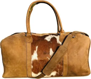 Travel Duffle Bag Crazy horse Leather & Cowhide Fur Luggage Bag Weekender Overnight Duffle Bag
