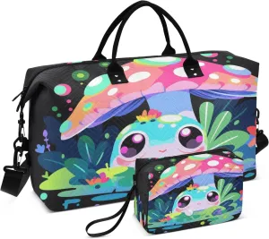 Travel Duffle Bag, Frog Mushroom Black Gym Bag with Storage Bag Weekender Overnight Bag for Men Women Trip Sports Yoga