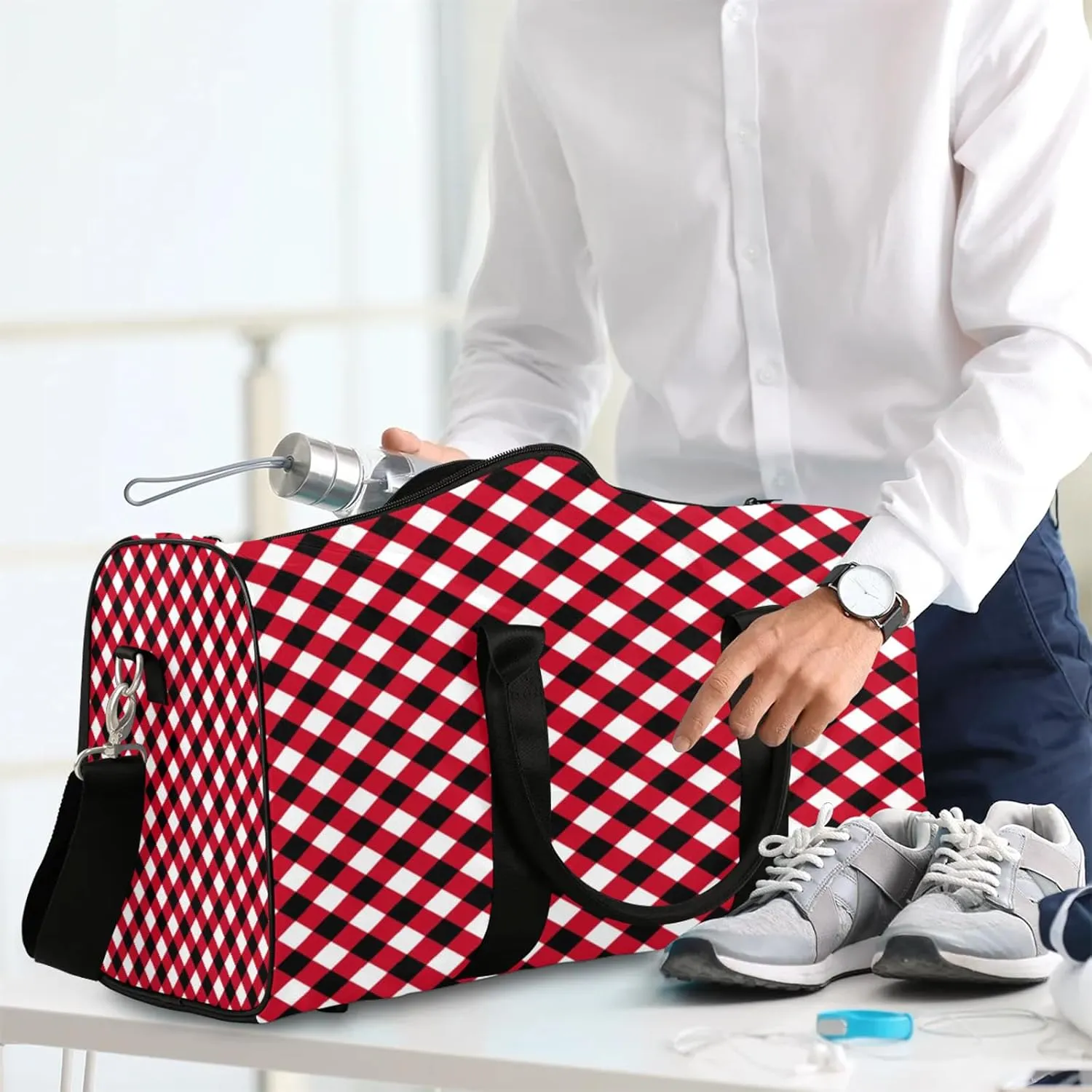 Travel Duffle Bag Geometry Red Black Sports Gym Bags for Women Men Weekender Overnight Bags Waterproof Carry On Tote Bag Workout Bag for Dance Swimming Yoga Hospital