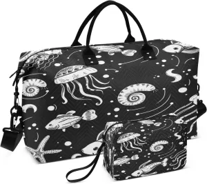 Travel Duffle Bag, Jellyfish Snail Shell Starfish Gym Bag with Storage Bag Weekender Overnight Bag for Men Women Trip Sports Yoga