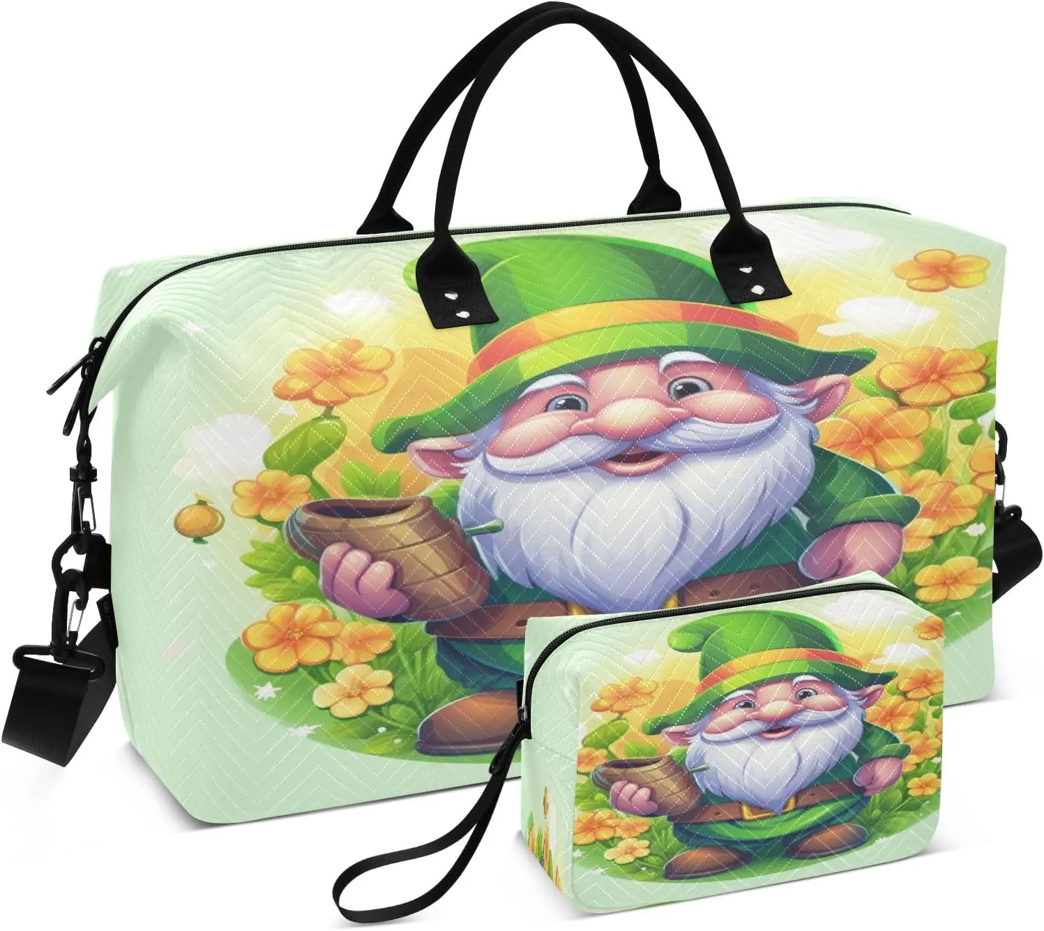 Travel Duffle Bag, St. Patrick Dwarf Flowers Gym Bag with Storage Bag Weekender Overnight Bag for Men Women Trip Sports Yoga