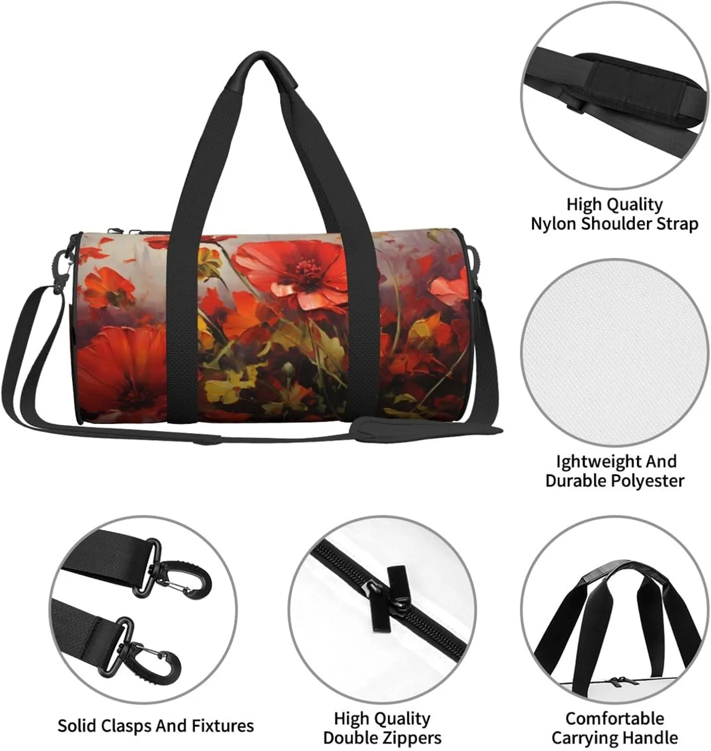 Travel Duffle Bag Weekender Bags For Men Women With Shoe Compartment Large Capacity Weekender Overnight Bag Oil Painting Red Flower Carry On Tote Bags Sport Gym Bag For Travel Yoga