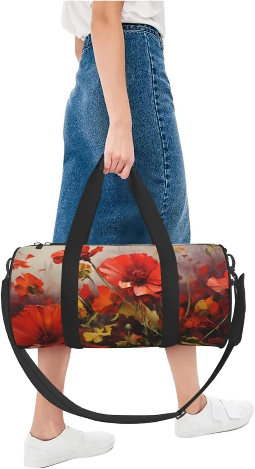 Travel Duffle Bag Weekender Bags For Men Women With Shoe Compartment Large Capacity Weekender Overnight Bag Oil Painting Red Flower Carry On Tote Bags Sport Gym Bag For Travel Yoga