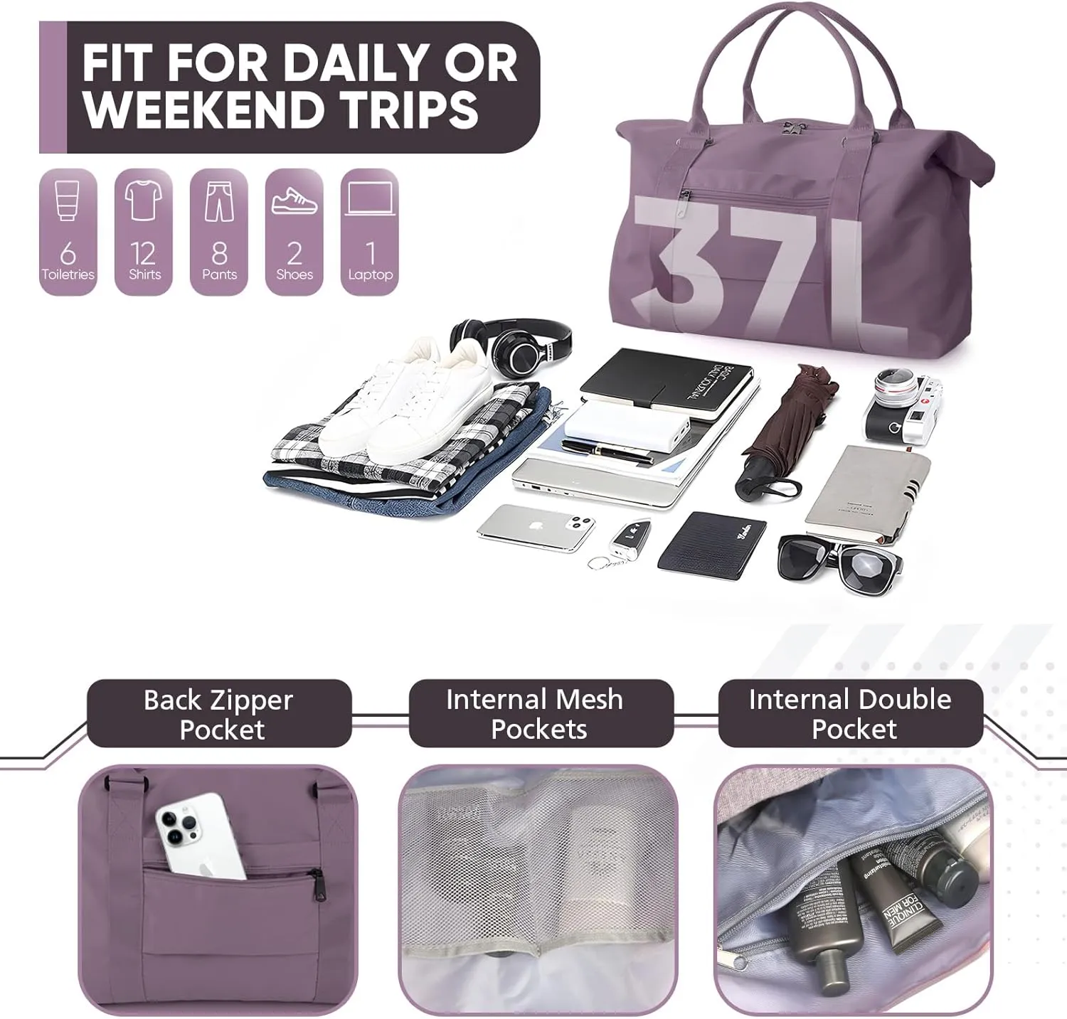 Travel Duffle Bag, Weekender Travel Bag Men Small Gym Bag for Women, Hospital Bag for Labor and Delivery, Overnight Bag Luggage Bag with Trolley Sleeve, Airplane Travel Essentials for Flying(Purple)