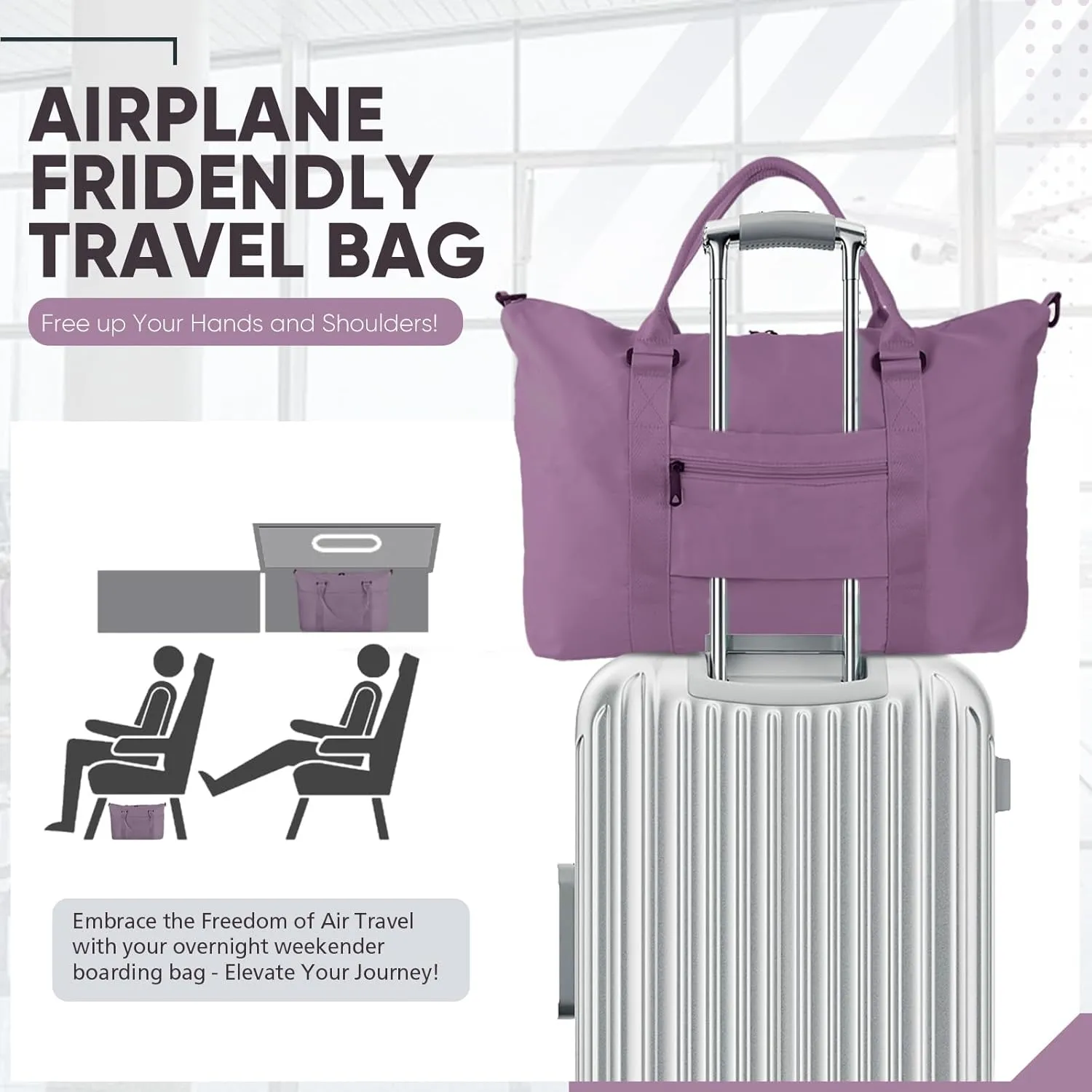 Travel Duffle Bag, Weekender Travel Bag Men Small Gym Bag for Women, Hospital Bag for Labor and Delivery, Overnight Bag Luggage Bag with Trolley Sleeve, Airplane Travel Essentials for Flying(Purple)