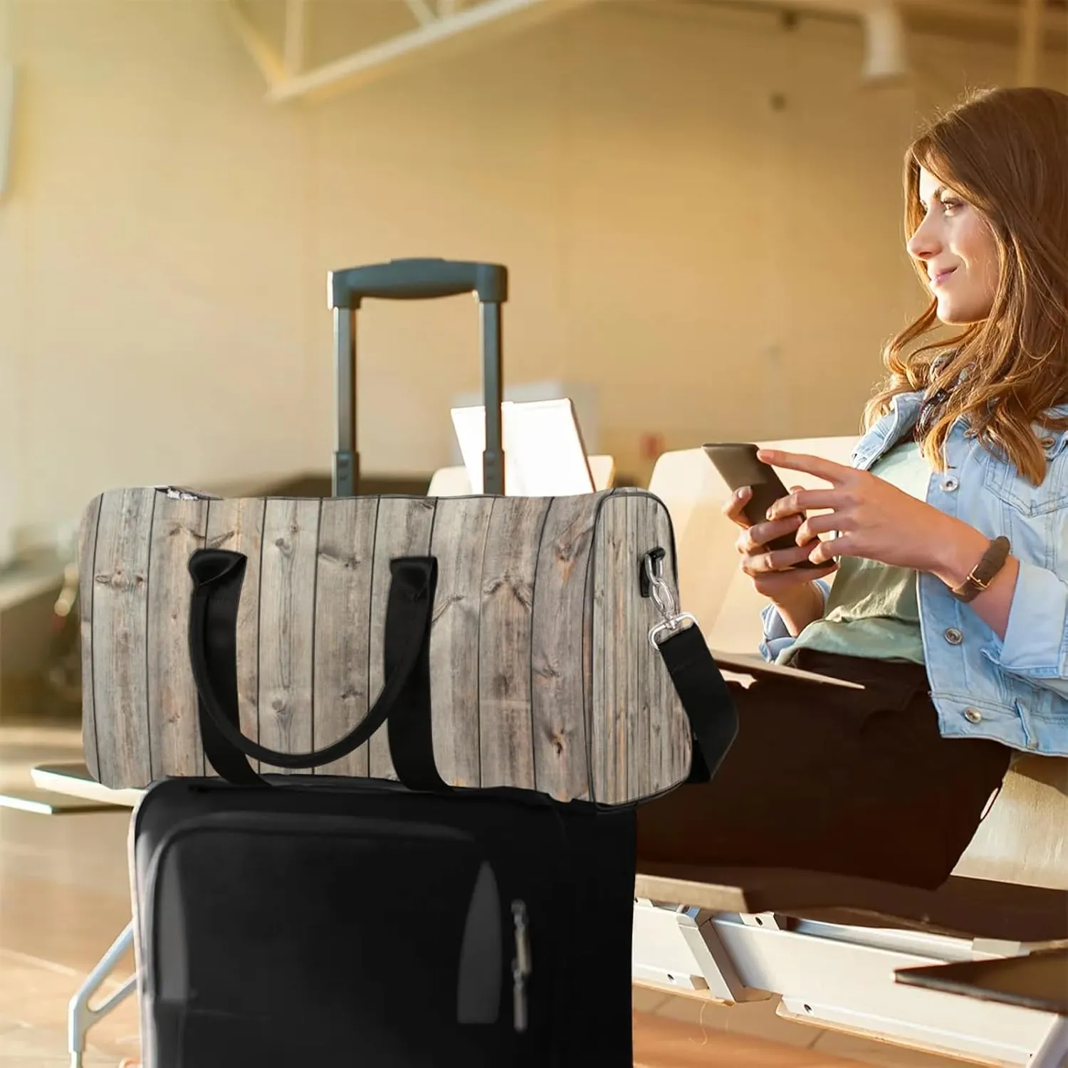 Travel Duffle Bag Wood Modern Texture Abstract Sports Gym Bags for Women Men Weekender Overnight Bags Waterproof Carry On Tote Bag Workout Bag for Dance Swimming Yoga Hospital