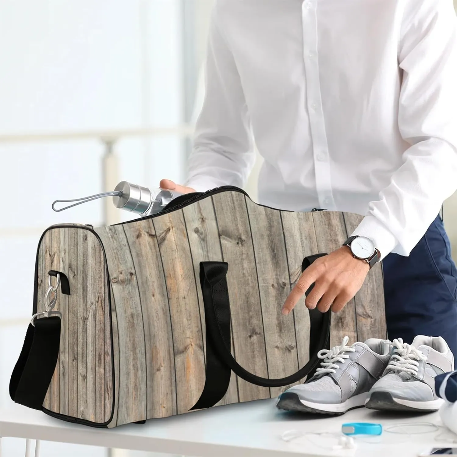 Travel Duffle Bag Wood Modern Texture Abstract Sports Gym Bags for Women Men Weekender Overnight Bags Waterproof Carry On Tote Bag Workout Bag for Dance Swimming Yoga Hospital