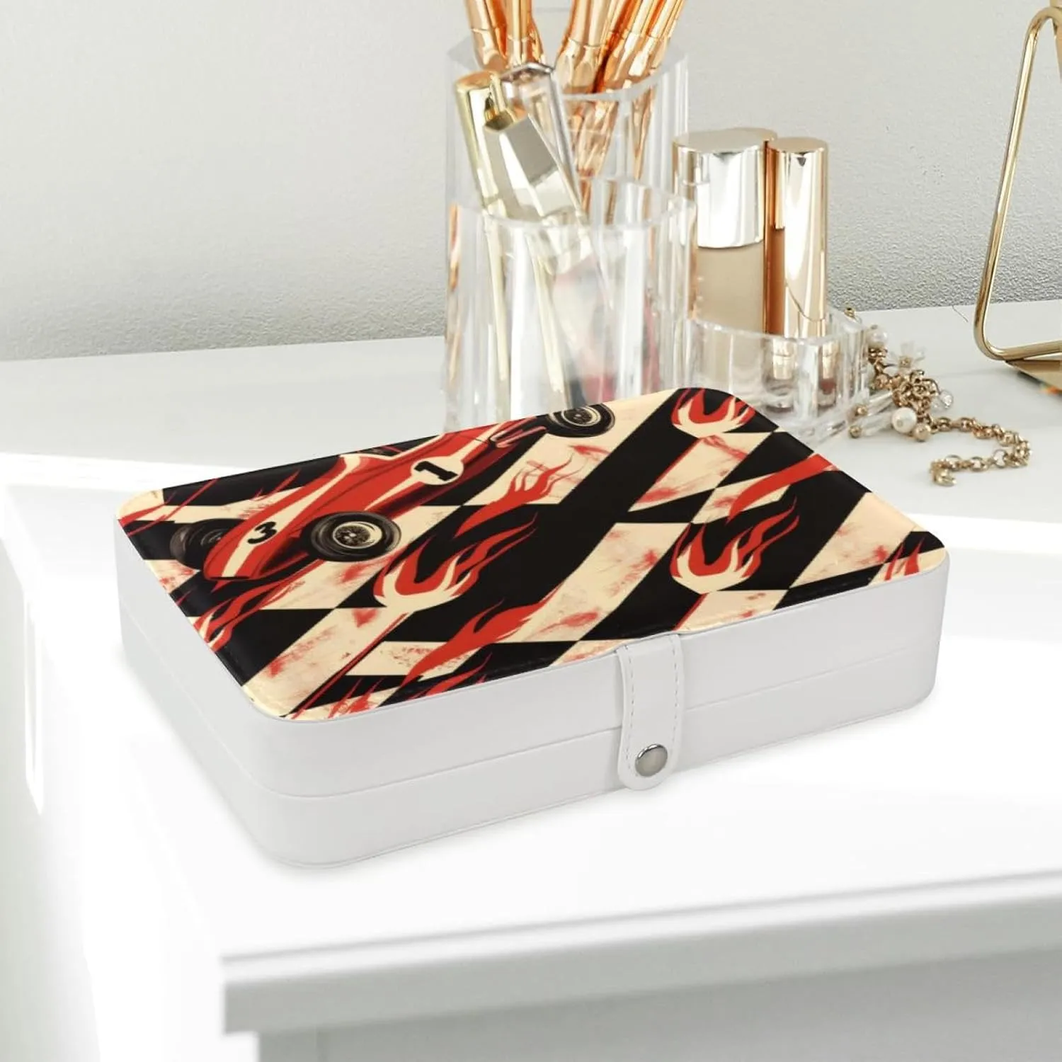 Travel Jewelry Box for Women Girls, Race Car with Finish Line Flags Cute Pattern Jewelry Organizer Case for Necklace, Stud Earrings, Ring, Bracelets Storage Boxes