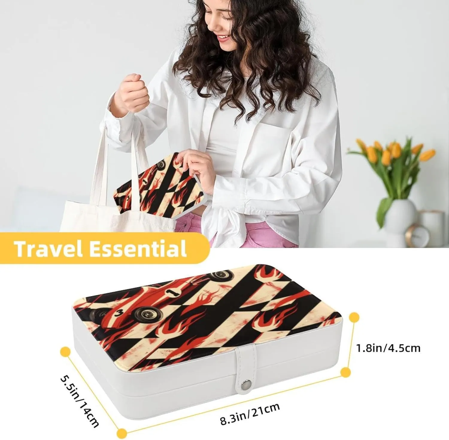 Travel Jewelry Box for Women Girls, Race Car with Finish Line Flags Cute Pattern Jewelry Organizer Case for Necklace, Stud Earrings, Ring, Bracelets Storage Boxes