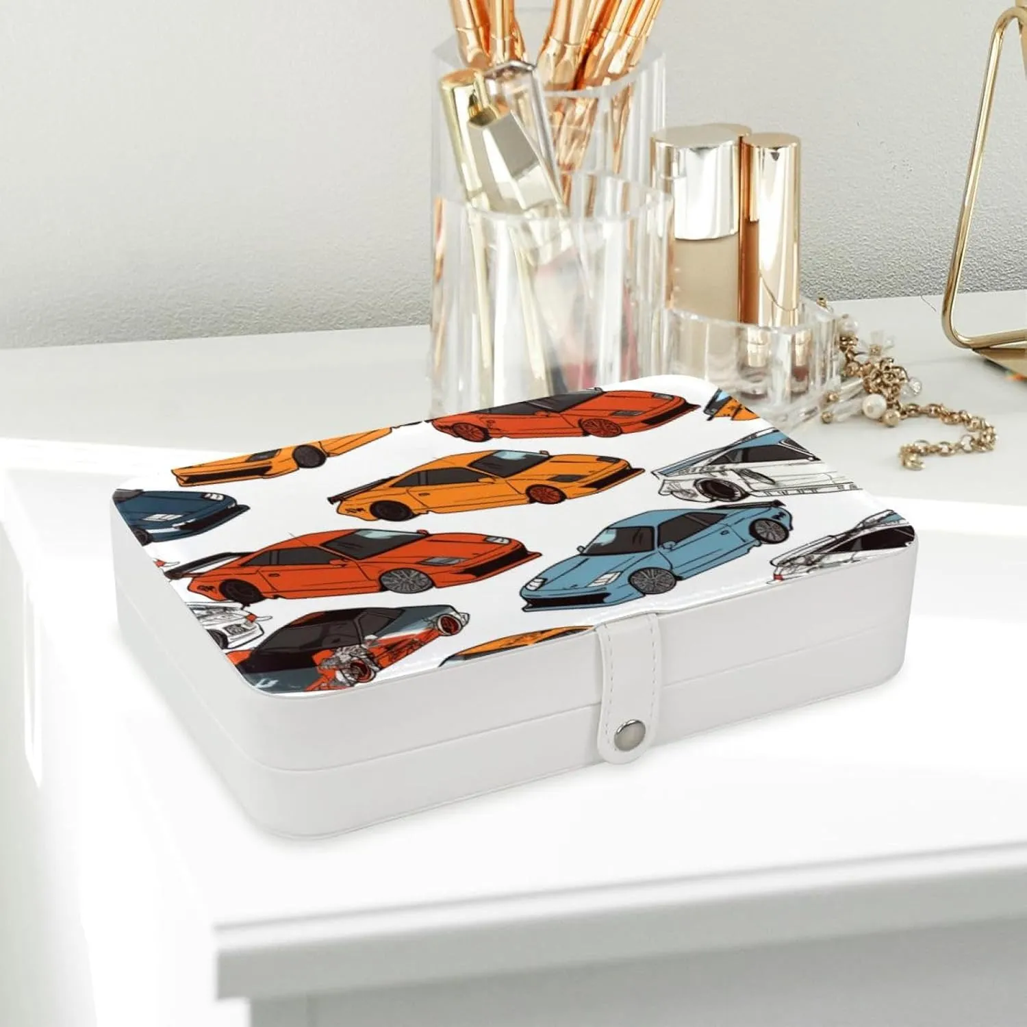 Travel Jewelry Box for Women Girls, Racing Cars Pattern Jewelry Organizer Case for Necklace, Stud Earrings, Ring, Bracelets Storage Boxes