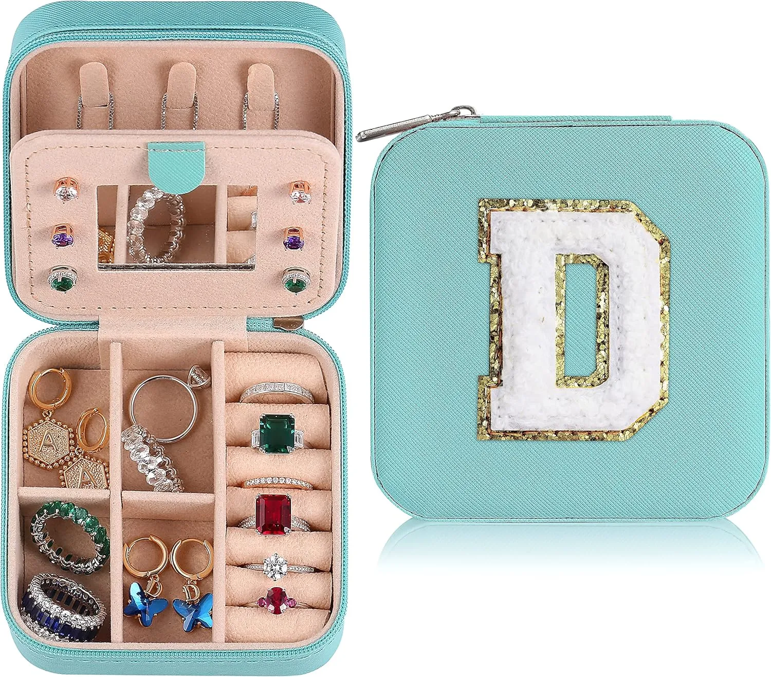 Travel Jewelry Box for Women Girls - Small Organizer Case With Initial D - Gift for Girls
