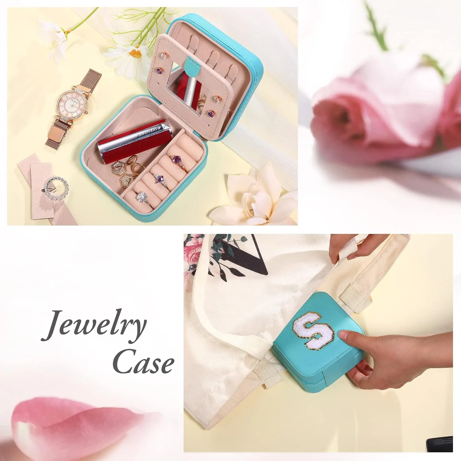 Travel Jewelry Box for Women Girls - Small Organizer Case With Initial D - Gift for Girls