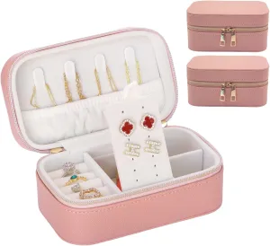 Travel Jewelry Case Bulk of 2 for Women-Small,Portable, Zip, PU Leather Jewelry Organizer Oor Earring Bracelets-Pink Mini Travel Jewelry Box Set Perfect For Jewelry Box Bridesmaid Gift