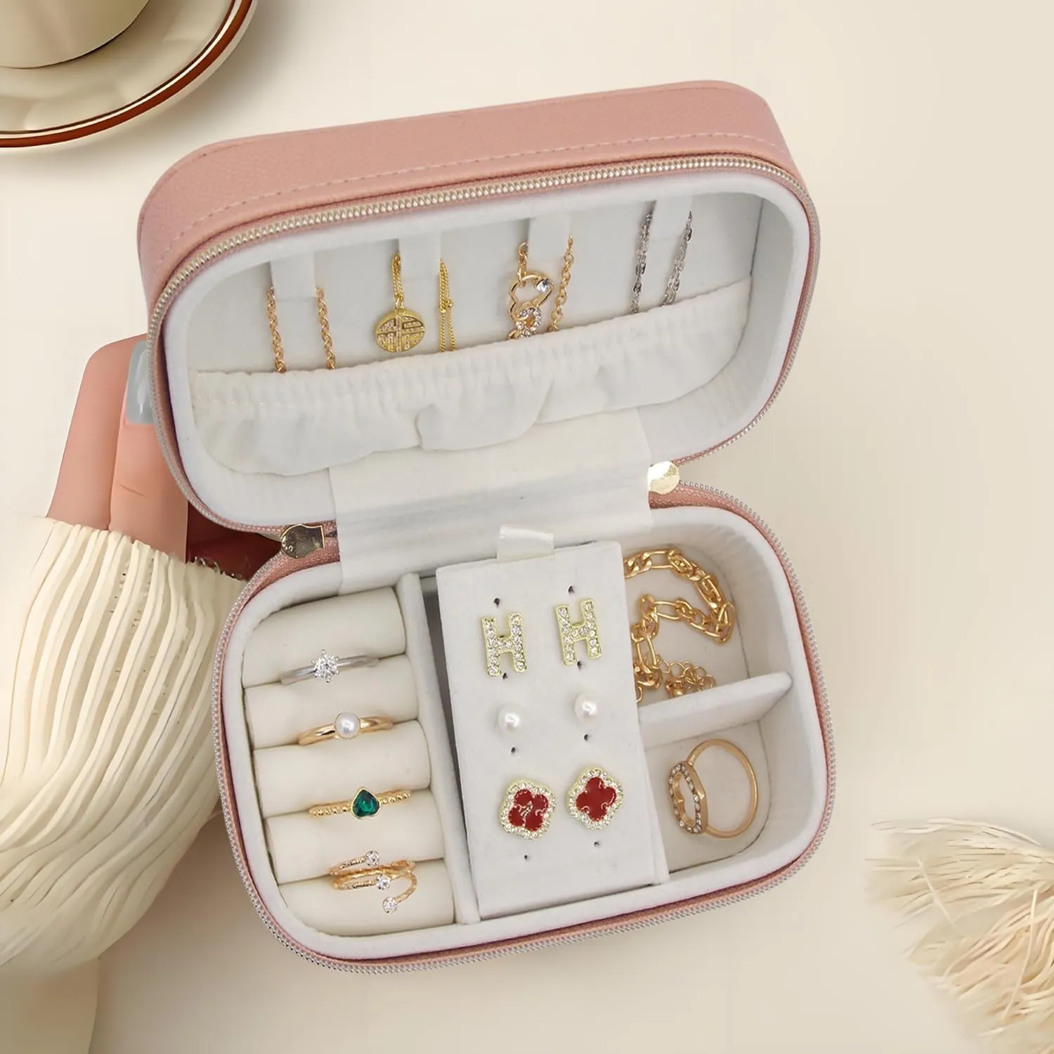 Travel Jewelry Case Bulk of 2 for Women-Small,Portable, Zip, PU Leather Jewelry Organizer Oor Earring Bracelets-Pink Mini Travel Jewelry Box Set Perfect For Jewelry Box Bridesmaid Gift