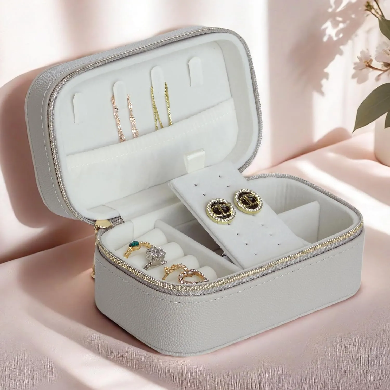 Travel Jewelry Case Bulk Of 4 For Women-Small,Portable, Zip, PU Leather Jewelry Organizer For Earring Bracelets-Gray Mini Travel Jewelry Box Set Perfect For Jewelry Box Bridesmaid Gift 4Pack