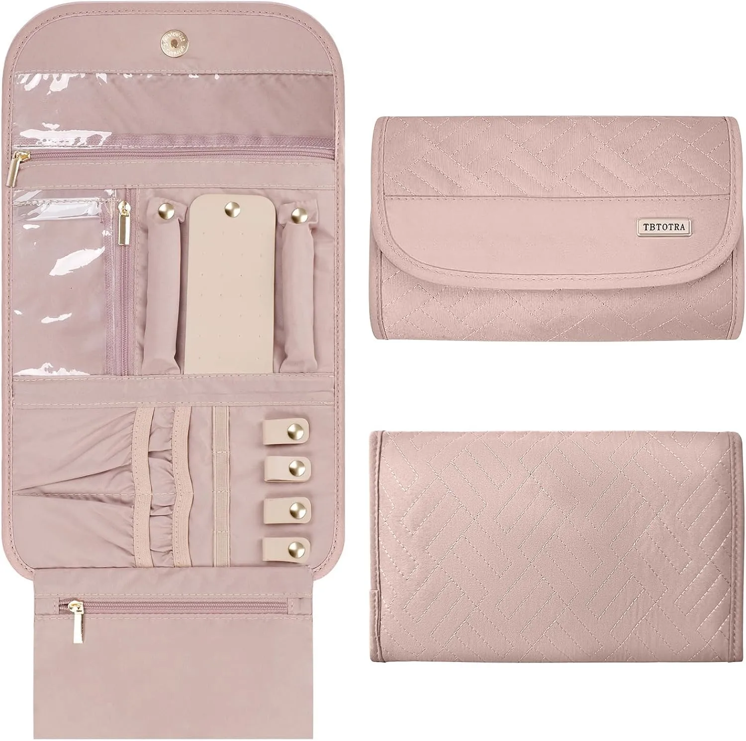 Travel Jewelry Case, Foldable Travel Jewelry Organizer for Earrings, Necklaces, Rings, Bracelets, Jewelry Roll for Travel, Everyday Jewelry Storage or Gifts, Pink