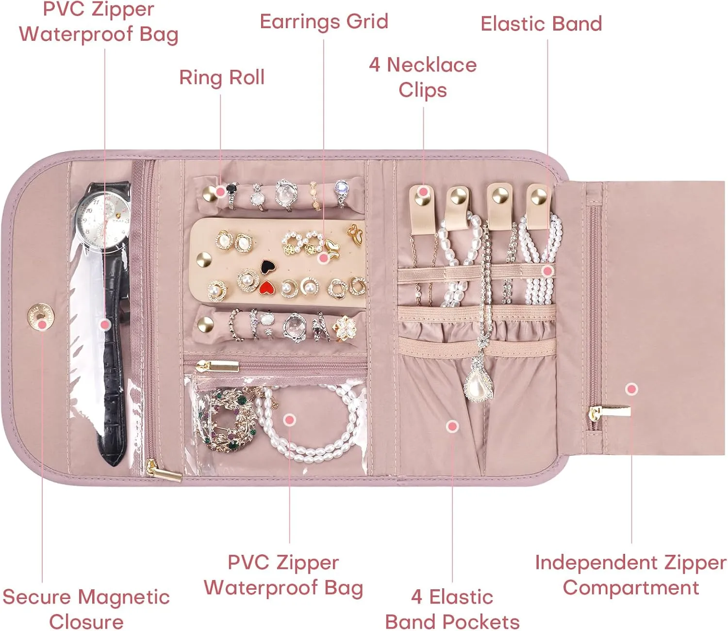 Travel Jewelry Case, Foldable Travel Jewelry Organizer for Earrings, Necklaces, Rings, Bracelets, Jewelry Roll for Travel, Everyday Jewelry Storage or Gifts, Pink
