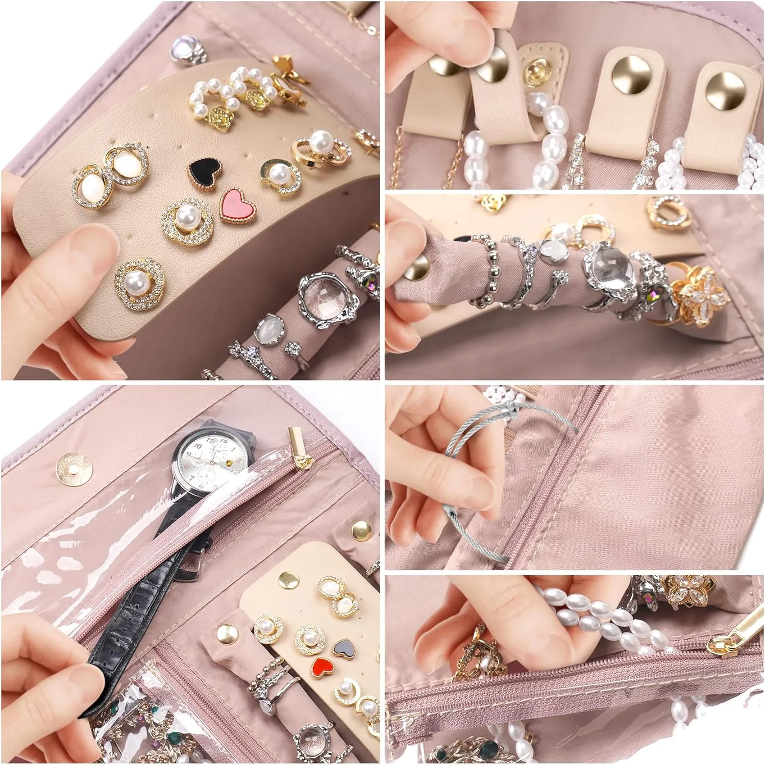 Travel Jewelry Case, Foldable Travel Jewelry Organizer for Earrings, Necklaces, Rings, Bracelets, Jewelry Roll for Travel, Everyday Jewelry Storage or Gifts, Pink