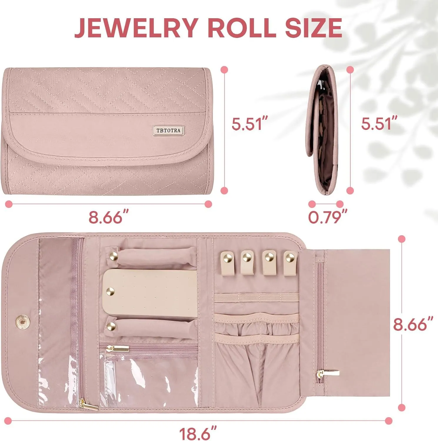 Travel Jewelry Case, Foldable Travel Jewelry Organizer for Earrings, Necklaces, Rings, Bracelets, Jewelry Roll for Travel, Everyday Jewelry Storage or Gifts, Pink