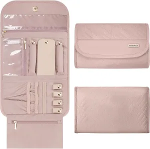 Travel Jewelry Case, Foldable Travel Jewelry Organizer for Earrings, Necklaces, Rings, Bracelets, Jewelry Roll for Travel, Everyday Jewelry Storage or Gifts, Pink