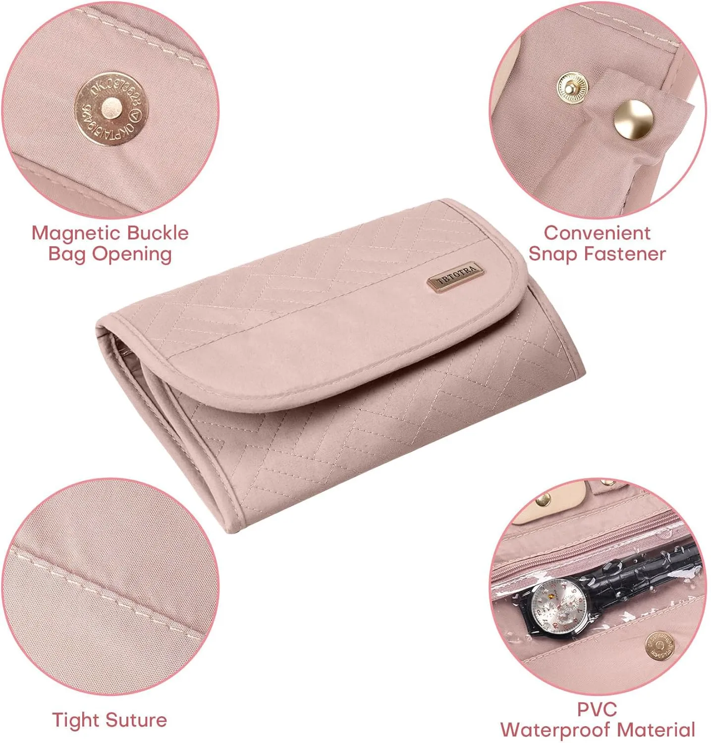 Travel Jewelry Case, Foldable Travel Jewelry Organizer for Earrings, Necklaces, Rings, Bracelets, Jewelry Roll for Travel, Everyday Jewelry Storage or Gifts, Pink
