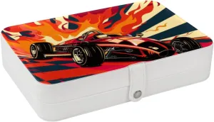 Travel Jewelry Case for Women Girls, Jewelry Organizer Portable Jewelry Storage Display Holder for Necklace Stud Earrings Ring - Art Race Car with Finish Line Flags Pilot and Flames