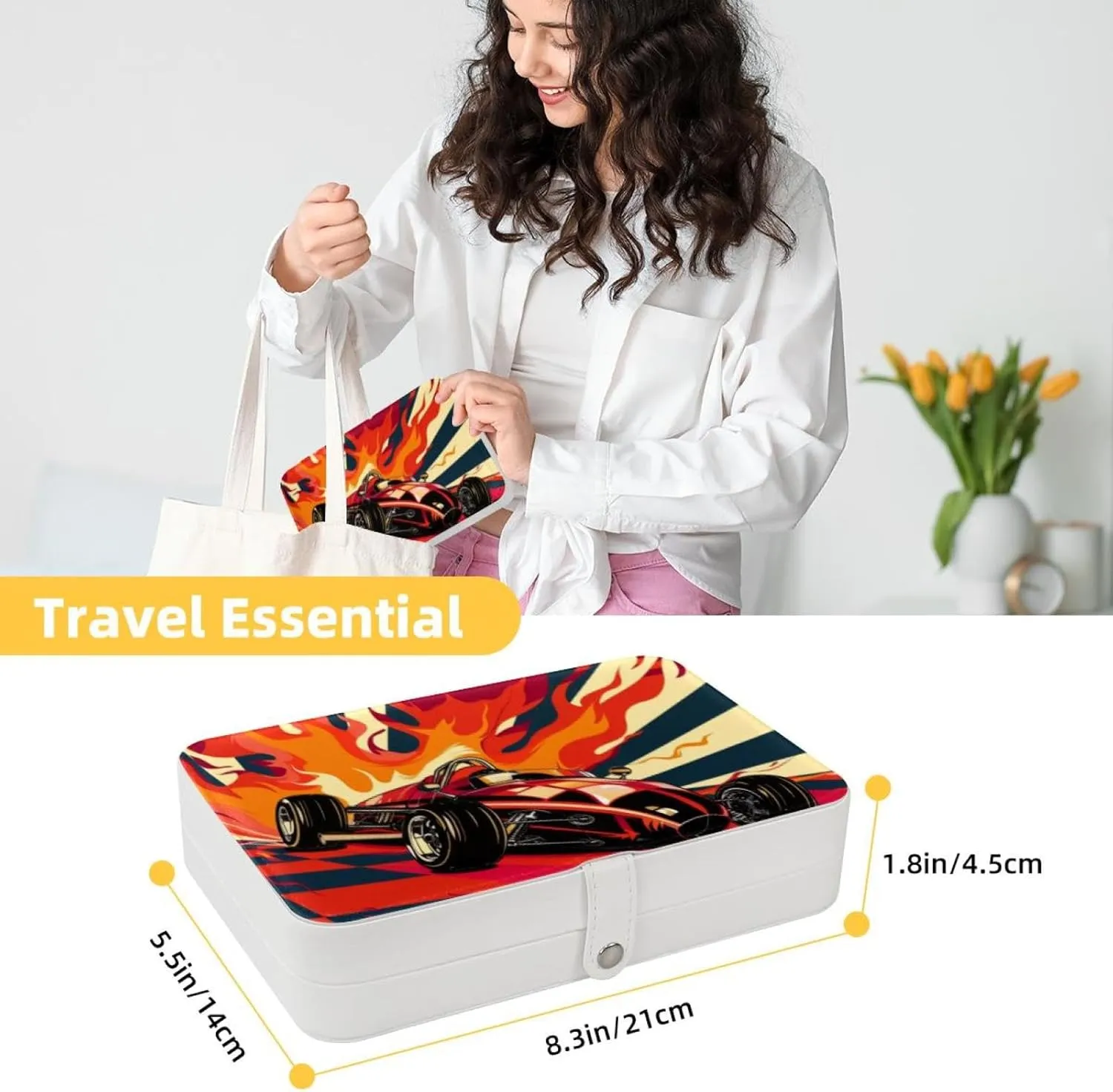 Travel Jewelry Case for Women Girls, Jewelry Organizer Portable Jewelry Storage Display Holder for Necklace Stud Earrings Ring - Art Race Car with Finish Line Flags Pilot and Flames